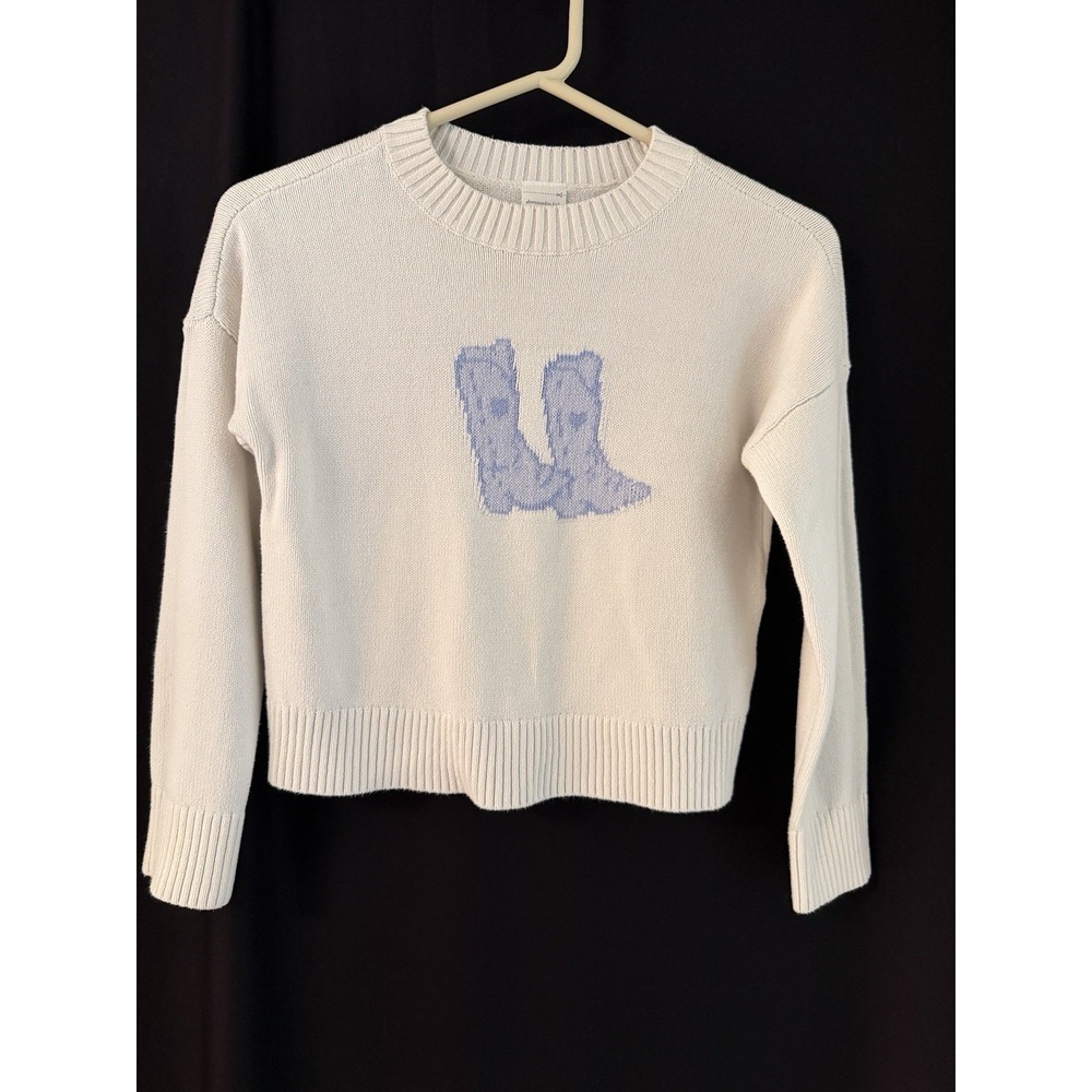 Abercrombie Kids Girls Ivory Knit Pullover Sweater Blue Graphic Crew Neck